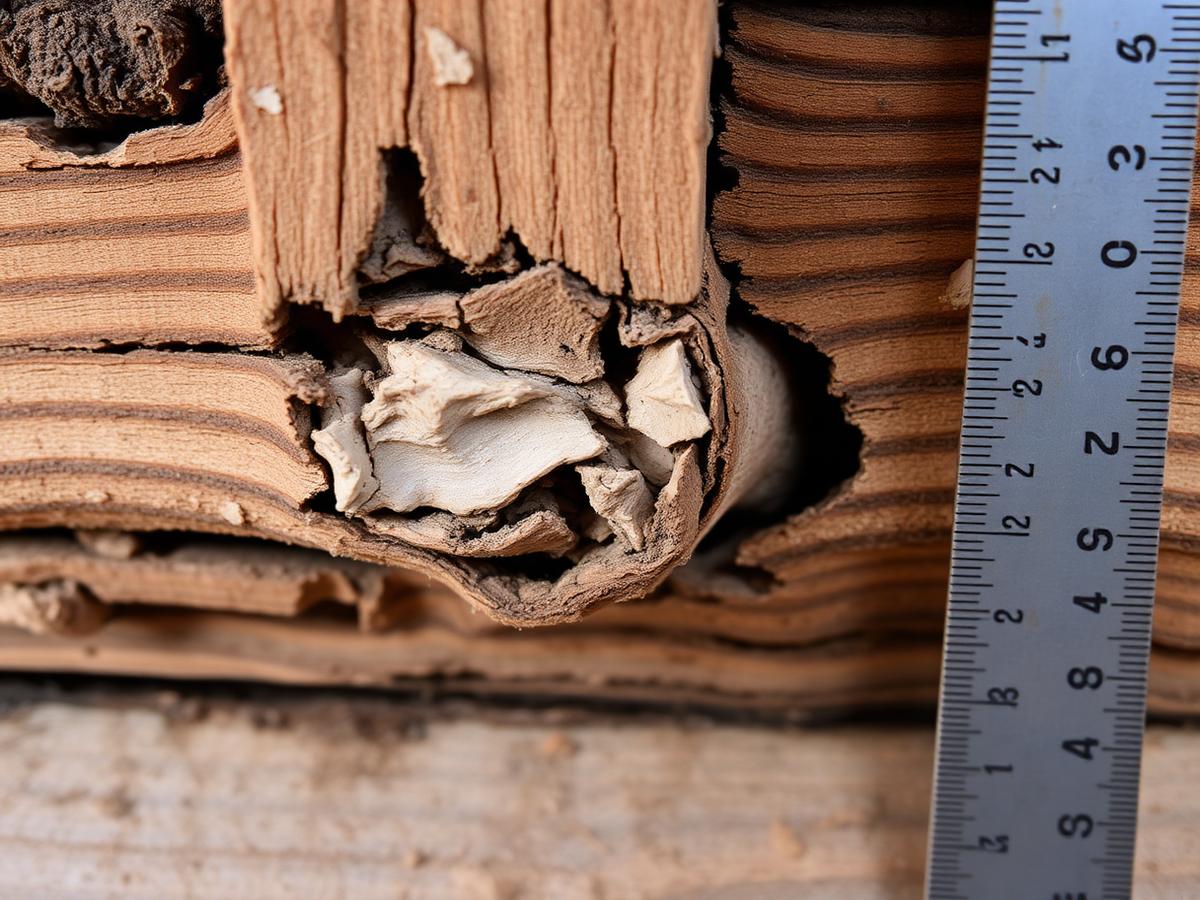 Close-up of a rotting deck joist with a ruler showing the depth of decay